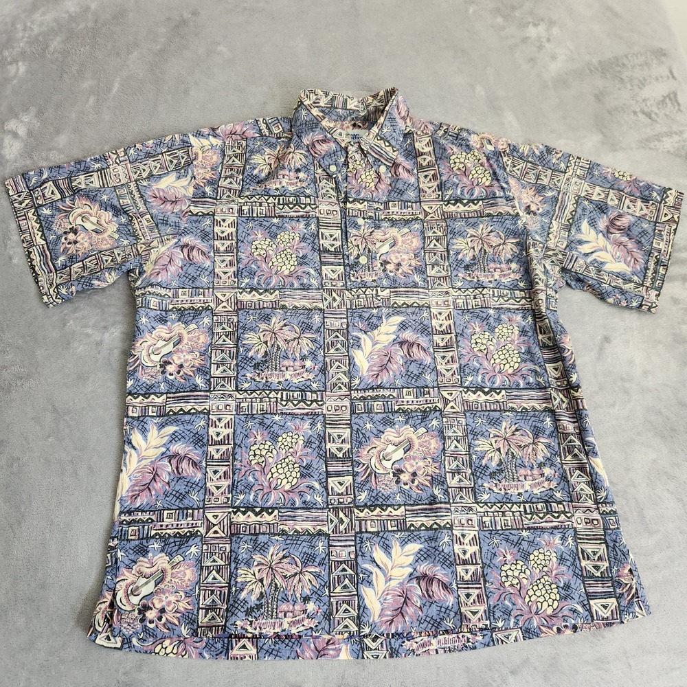 Reyn Spooner Men L Large Aloha Shirt Blue Reverse Print Cotton Hawaiian Vintage